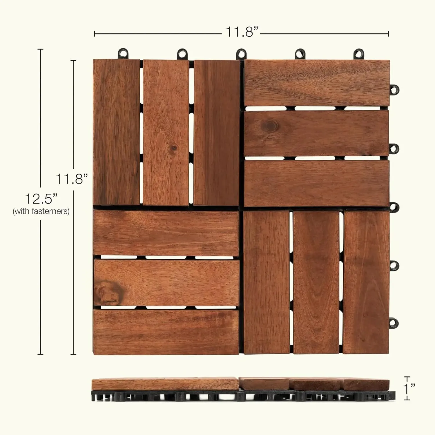 10pcs Brown Deck Tiles Solid Acacia Wood Deck Tiles Interlocking Outdoor All Weather，12"x12"x1" Patio Flooring Outdoor Waterproof, Composite Decking Boards for Balcony, Garden & Poolside