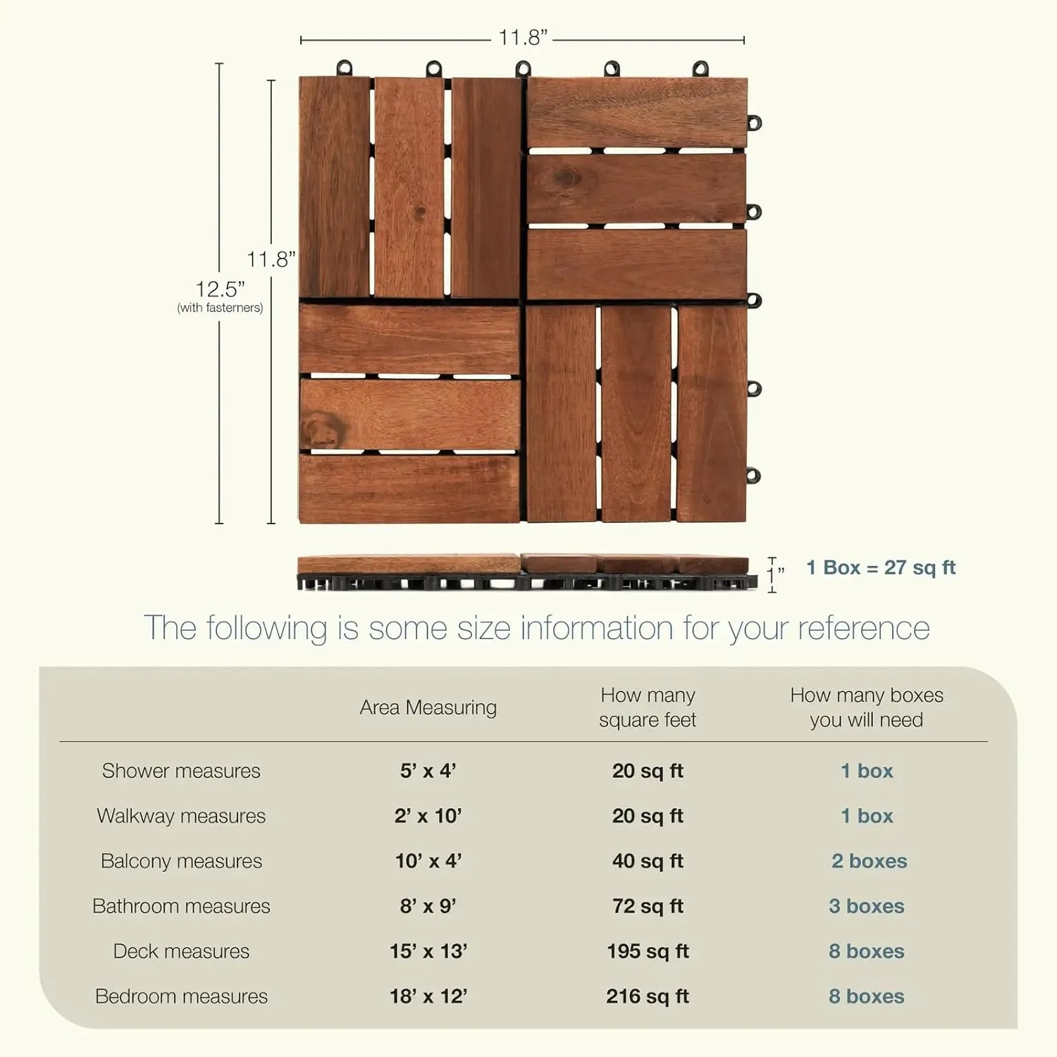 10pcs Brown Deck Tiles Solid Acacia Wood Deck Tiles Interlocking Outdoor All Weather，12"x12"x1" Patio Flooring Outdoor Waterproof, Composite Decking Boards for Balcony, Garden & Poolside