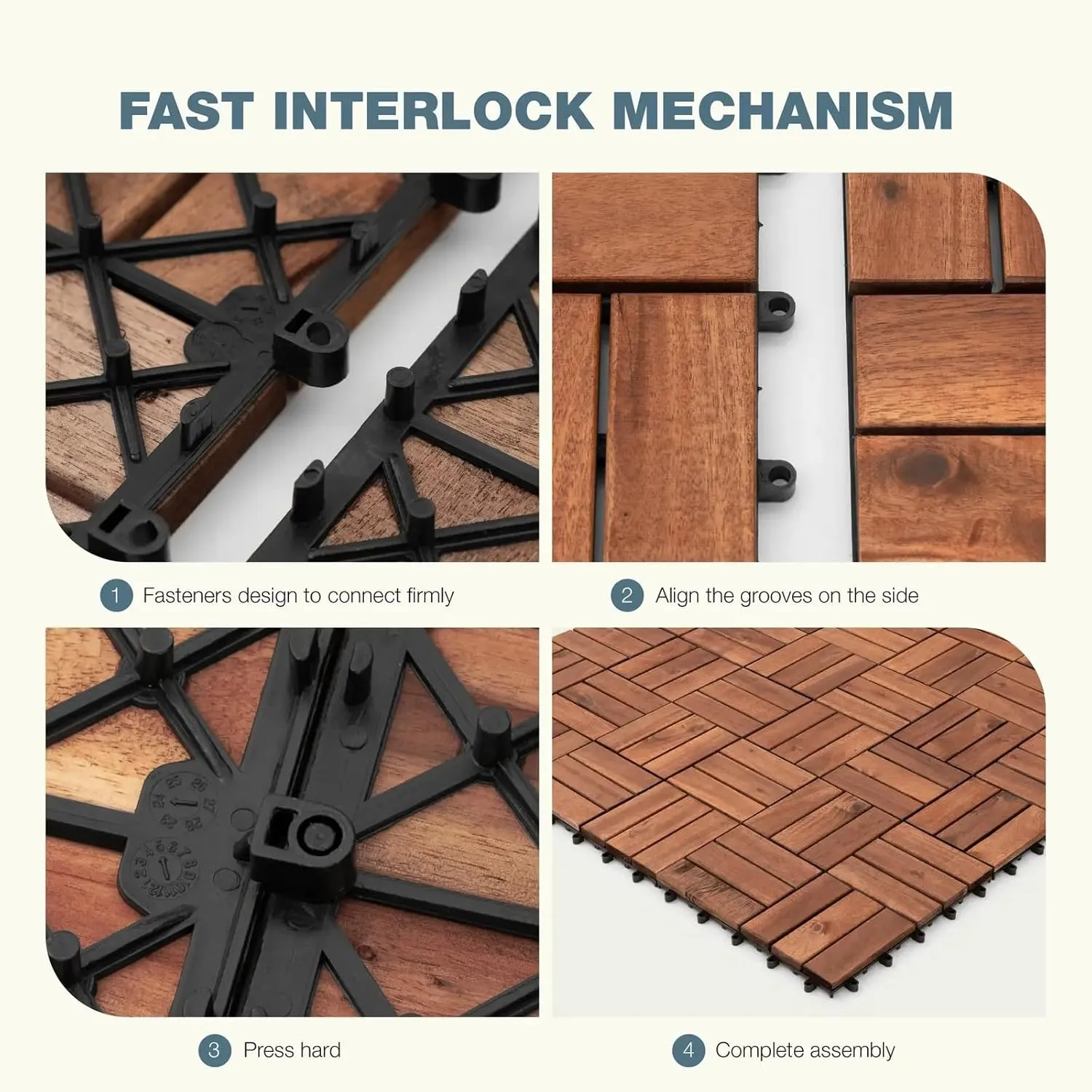 10pcs Brown Deck Tiles Solid Acacia Wood Deck Tiles Interlocking Outdoor All Weather，12"x12"x1" Patio Flooring Outdoor Waterproof, Composite Decking Boards for Balcony, Garden & Poolside