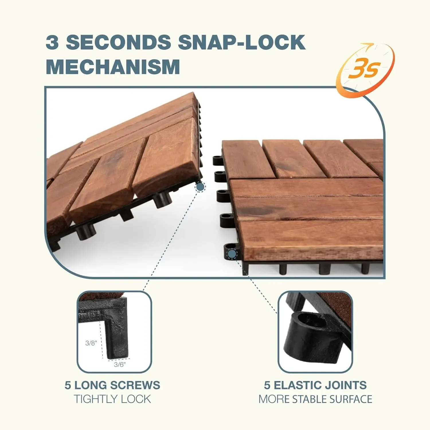 10pcs Brown Deck Tiles Solid Acacia Wood Deck Tiles Interlocking Outdoor All Weather，12"x12"x1" Patio Flooring Outdoor Waterproof, Composite Decking Boards for Balcony, Garden & Poolside