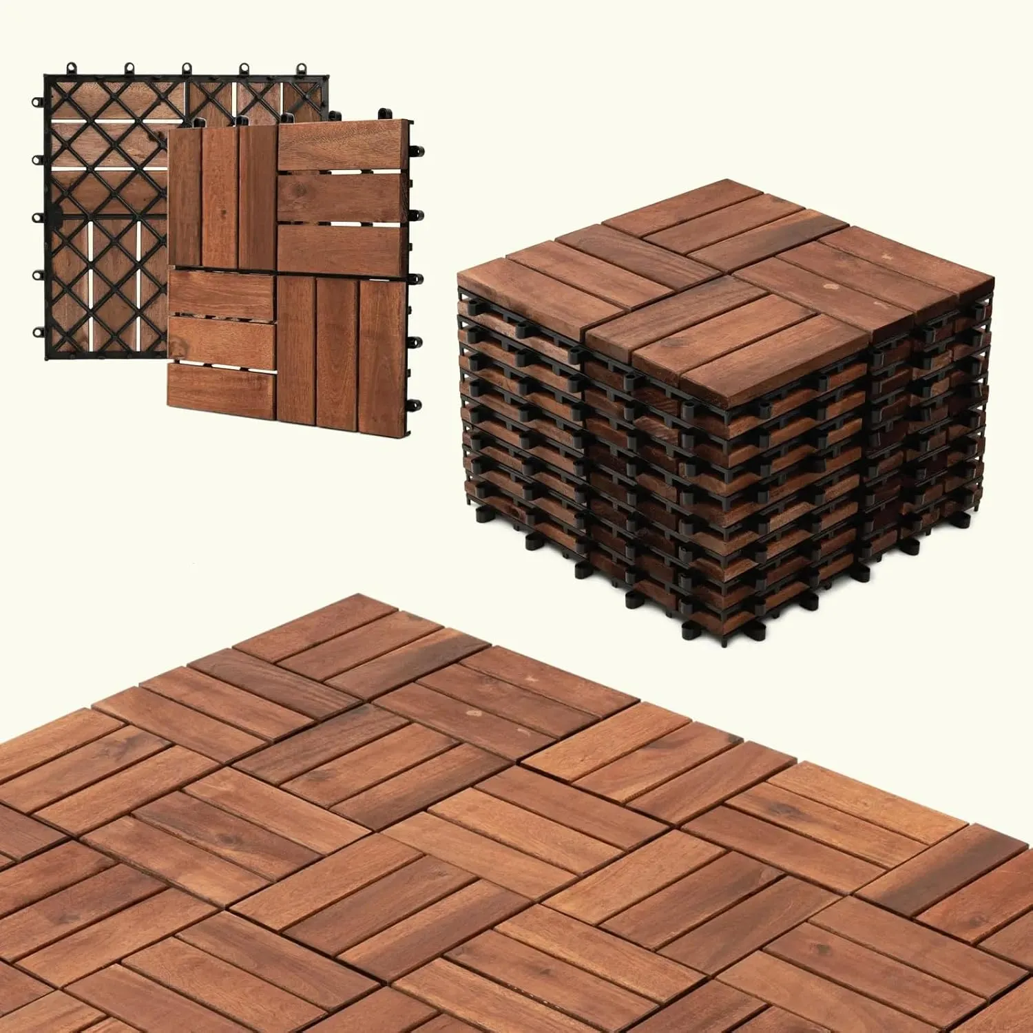 10pcs Brown Deck Tiles Solid Acacia Wood Deck Tiles Interlocking Outdoor All Weather，12"x12"x1" Patio Flooring Outdoor Waterproof, Composite Decking Boards for Balcony, Garden & Poolside