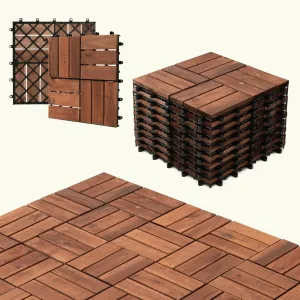 10pcs Brown Deck Tiles Solid Acacia Wood Deck Tiles Interlocking Outdoor All Weather，12"x12"x1" Patio Flooring Outdoor Waterproof, Composite Decking Boards for Balcony, Garden & Poolside