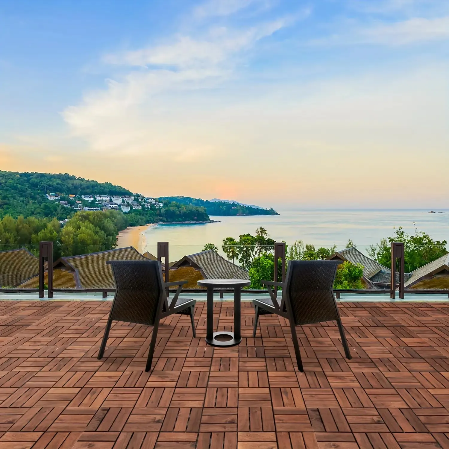 10pcs Brown Deck Tiles Solid Acacia Wood Deck Tiles Interlocking Outdoor All Weather，12"x12"x1" Patio Flooring Outdoor Waterproof, Composite Decking Boards for Balcony, Garden & Poolside