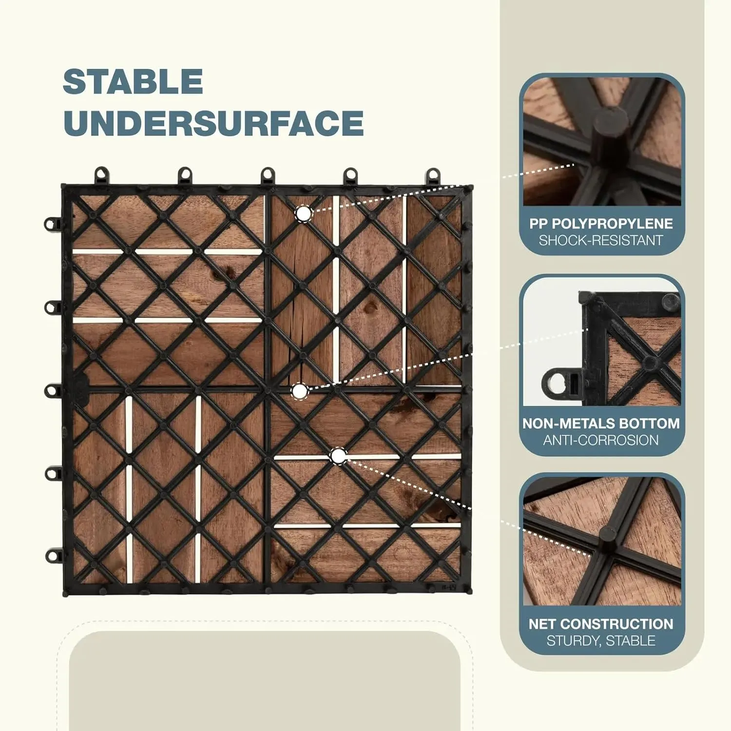 10pcs Brown Deck Tiles Solid Acacia Wood Deck Tiles Interlocking Outdoor All Weather，12"x12"x1" Patio Flooring Outdoor Waterproof, Composite Decking Boards for Balcony, Garden & Poolside