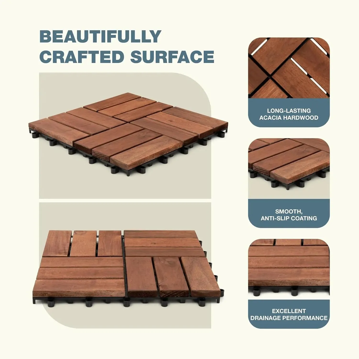 10pcs Brown Deck Tiles Solid Acacia Wood Deck Tiles Interlocking Outdoor All Weather，12"x12"x1" Patio Flooring Outdoor Waterproof, Composite Decking Boards for Balcony, Garden & Poolside