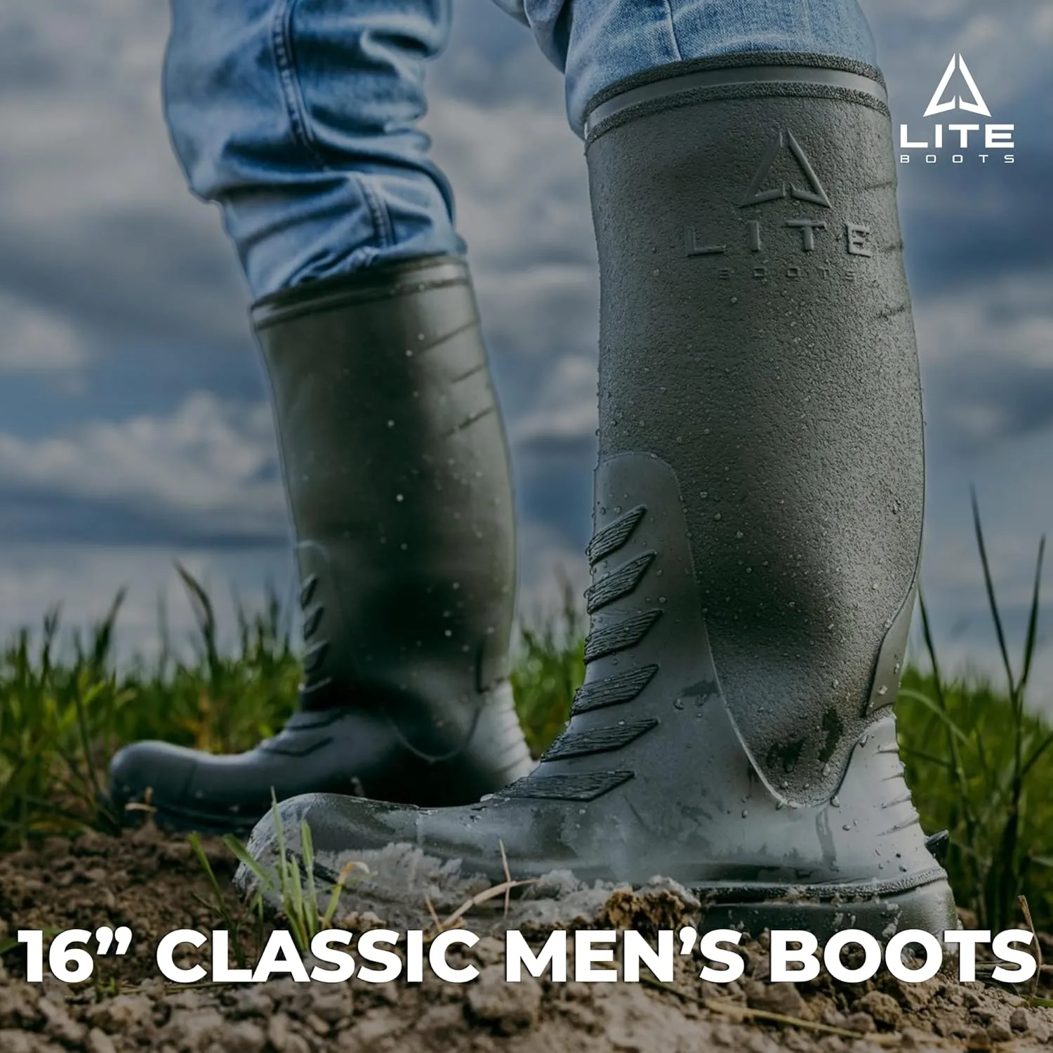 16” Classic Men’s Boots, Lightweight, Waterproof, Hunting, Fishing, Rain, Chore Boot