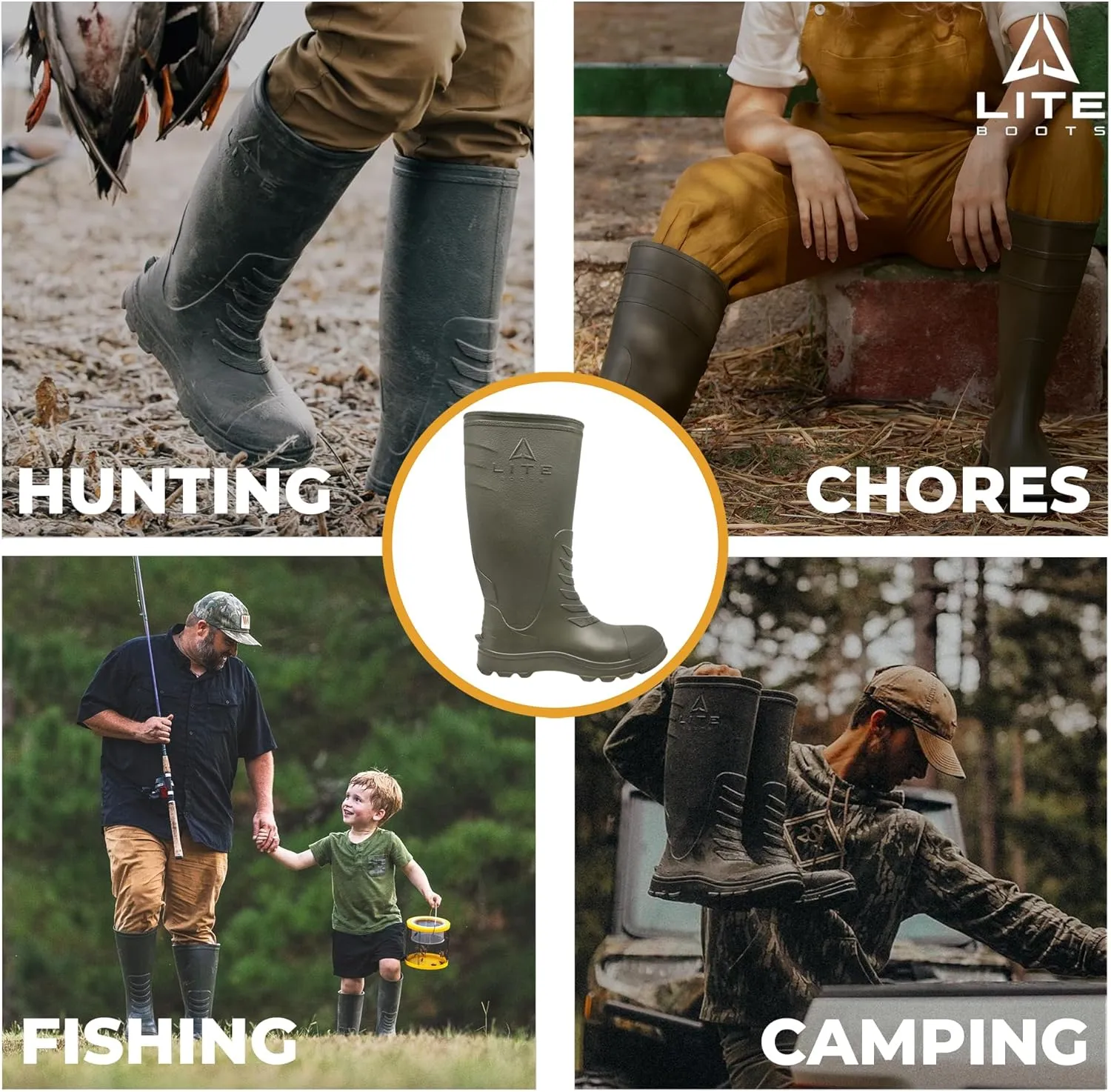 16” Classic Men’s Boots, Lightweight, Waterproof, Hunting, Fishing, Rain, Chore Boot
