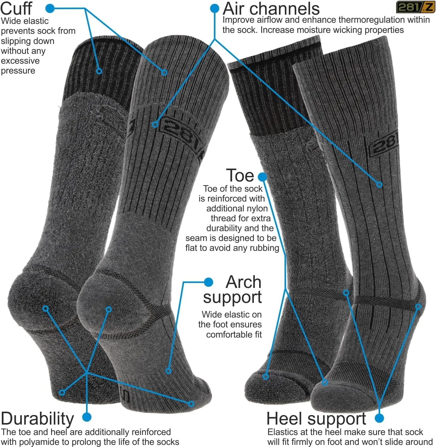 281Z Military Demi Season Breathable Mid Calf Uniform Boot Socks - Army Tactical Trekking Hiking - Outdoor Fishing Hunting