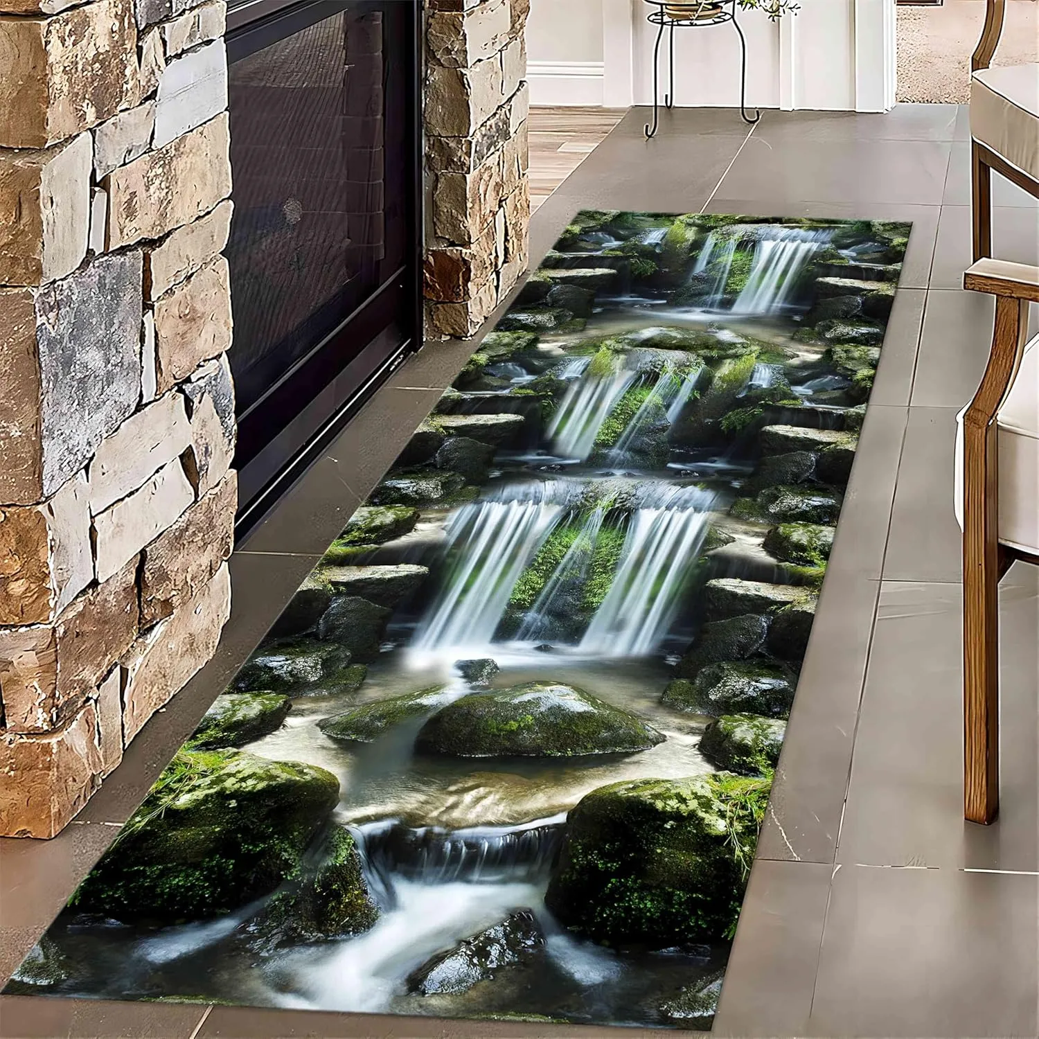 3D Illusion Runner Rug, 2.6x10ft, 3D Visual Waterfall River Moss Stone Natural Landscape Pattern Print Rug, Non-Slip Washable Long Carpet for Corridor Welcome Entrance Floor Mat