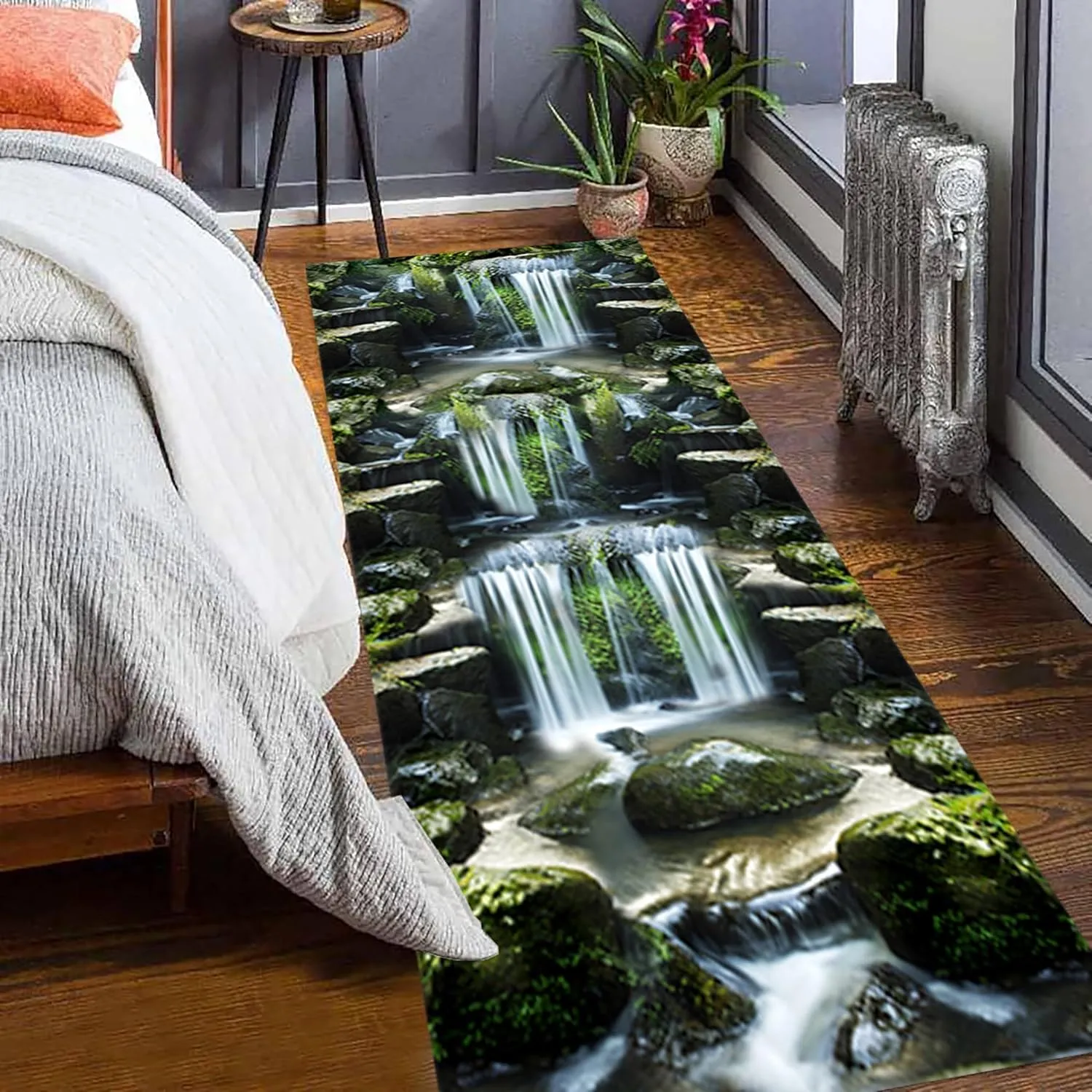3D Illusion Runner Rug, 2.6x10ft, 3D Visual Waterfall River Moss Stone Natural Landscape Pattern Print Rug, Non-Slip Washable Long Carpet for Corridor Welcome Entrance Floor Mat