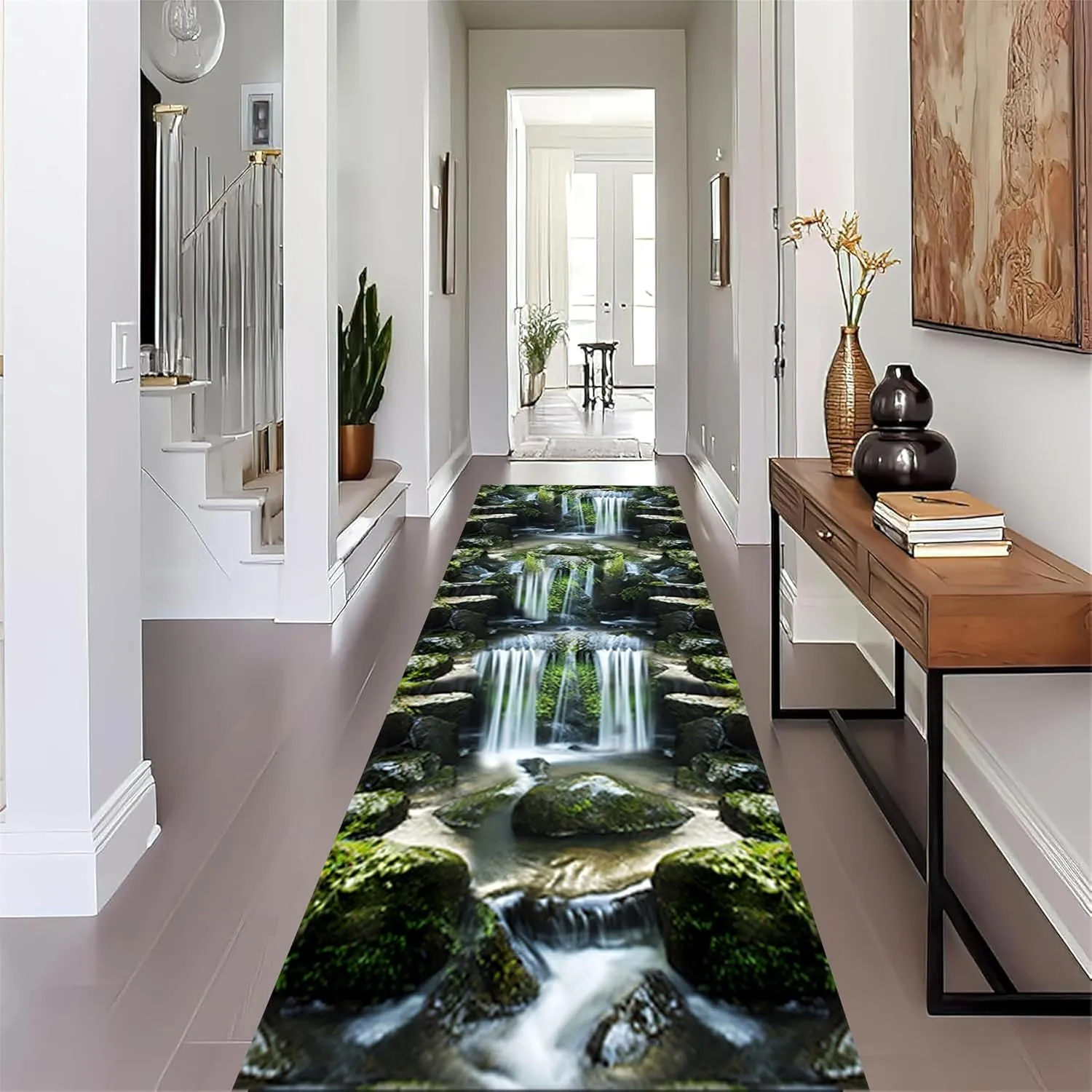 3D Illusion Runner Rug, 2.6x10ft, 3D Visual Waterfall River Moss Stone Natural Landscape Pattern Print Rug, Non-Slip Washable Long Carpet for Corridor Welcome Entrance Floor Mat