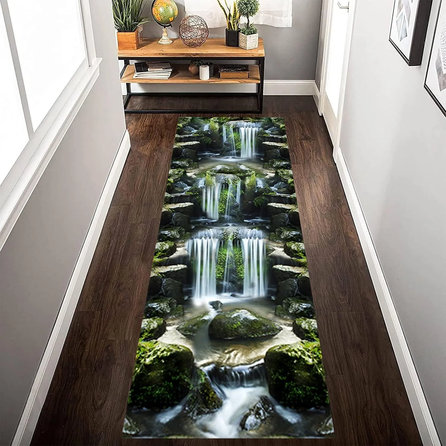 3D Illusion Runner Rug, 2.6x10ft, 3D Visual Waterfall River Moss Stone Natural Landscape Pattern Print Rug, Non-Slip Washable Long Carpet for Corridor Welcome Entrance Floor Mat