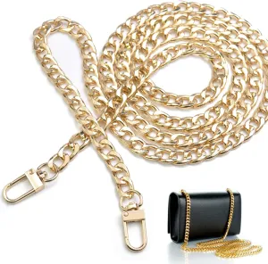 47"Gold Purse Chain Strap Metal Shoulder Crossbody Replacement Bag Chain with Metal Buckles, Flat Chain Strap for Purse Handbag