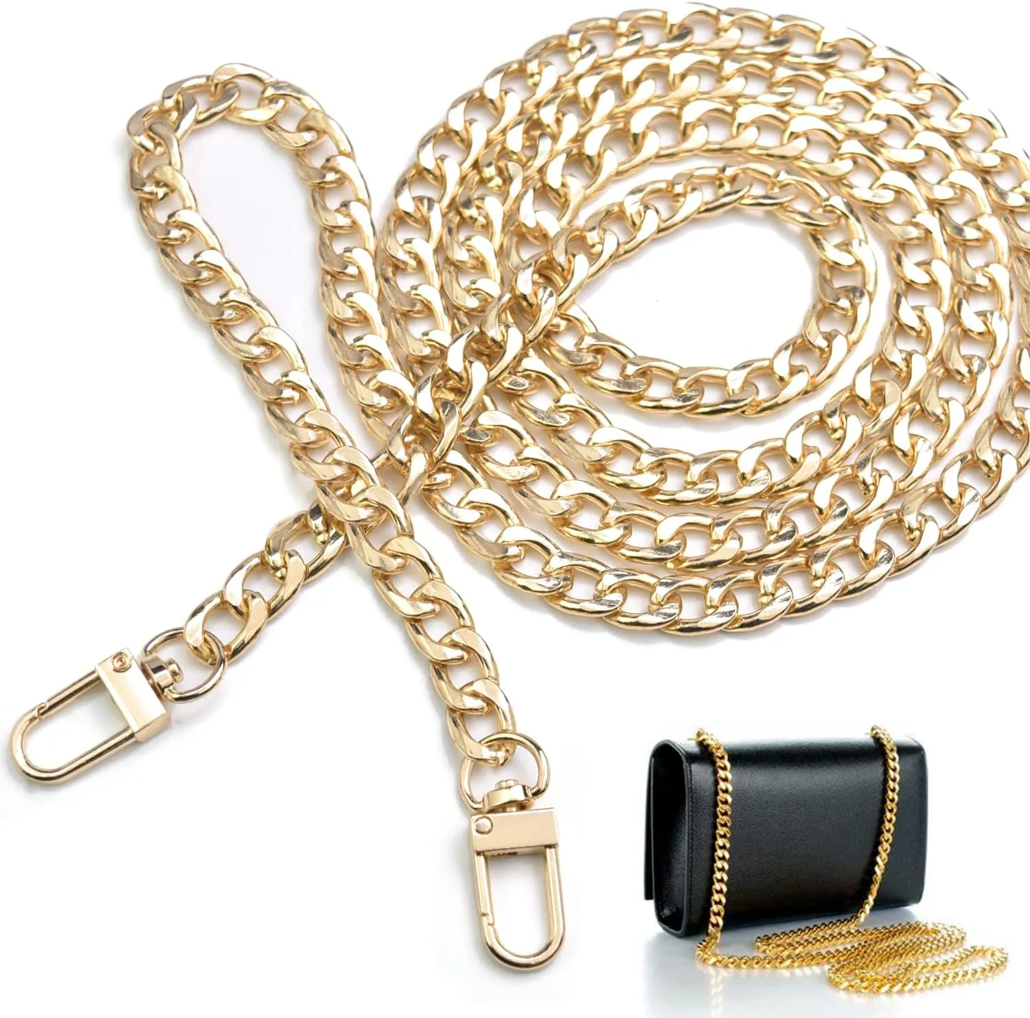 47"Gold Purse Chain Strap Metal Shoulder Crossbody Replacement Bag Chain with Metal Buckles, Flat Chain Strap for Purse Handbag