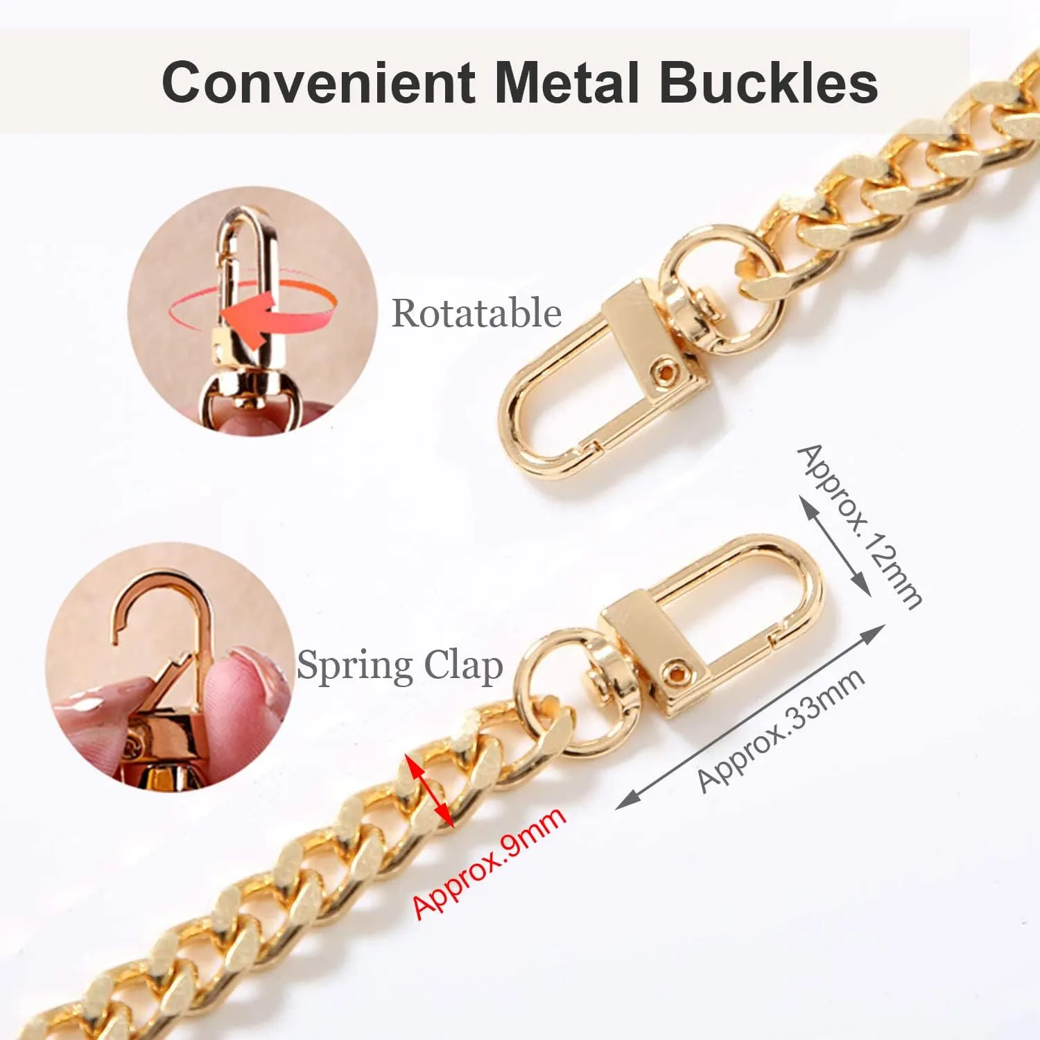 47"Gold Purse Chain Strap Metal Shoulder Crossbody Replacement Bag Chain with Metal Buckles, Flat Chain Strap for Purse Handbag
