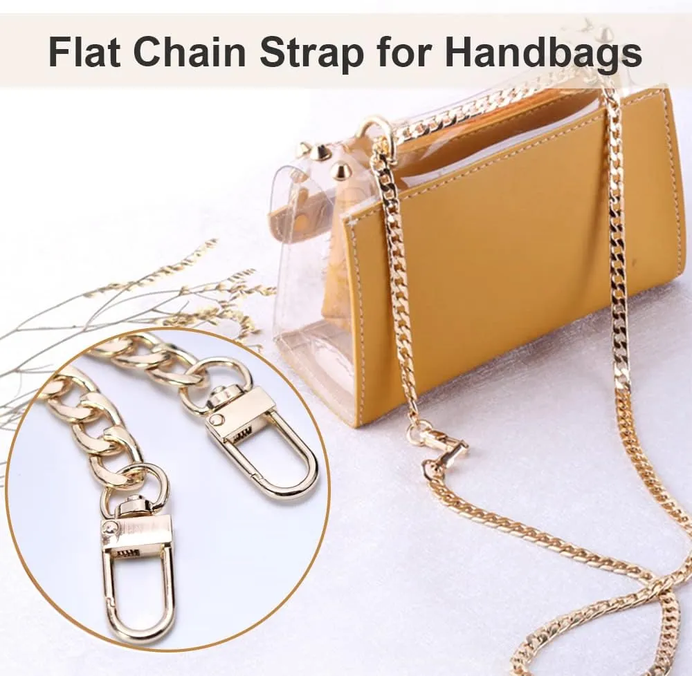 47"Gold Purse Chain Strap Metal Shoulder Crossbody Replacement Bag Chain with Metal Buckles, Flat Chain Strap for Purse Handbag