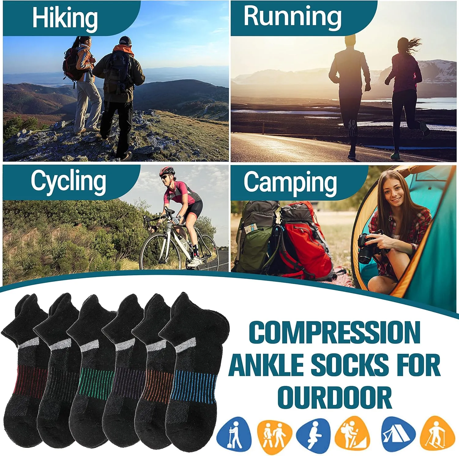 6 Pairs Merino Wool Ankle Running Hiking Socks Compression Support Breathable Thick Cushion No Show Socks for Women Men