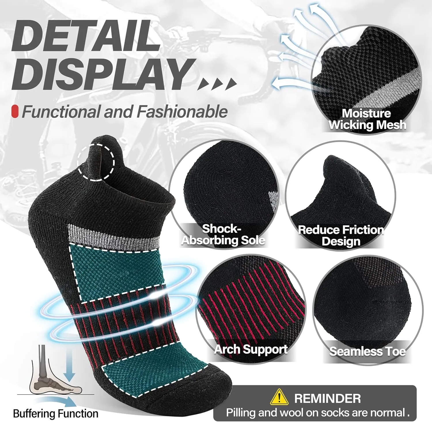 6 Pairs Merino Wool Ankle Running Hiking Socks Compression Support Breathable Thick Cushion No Show Socks for Women Men