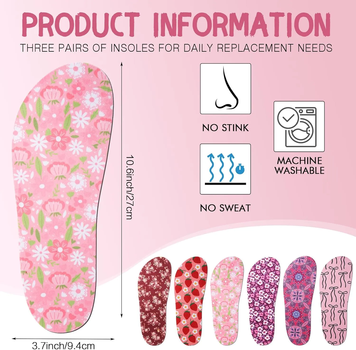 6 Pairs Shoe Insole for Clog Garden Shoe Liner Insert Colorful Floral Washable Barefoot Sockless Pad for Women Men(Fresh Pattern)