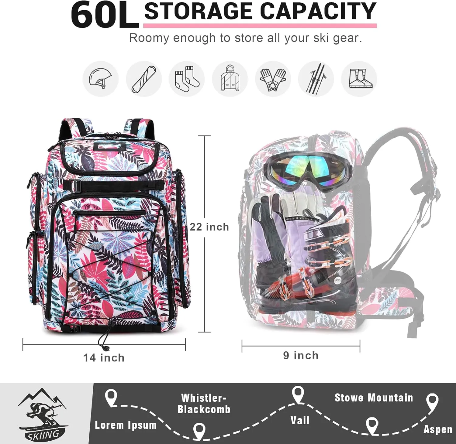 60L Waterproof Ski Boot Backpack - Travel Pack for Snowboard Boots, Skis, Helmet, Goggles, Gloves - Men,Women,Youth