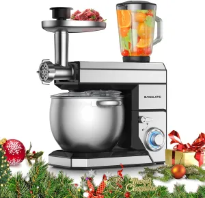 7-IN-1 Stand Mixer, 8.5Qt Food Mixer, 6 P Speeds Electric Mixer Kitchen Mixer with Dough Hook, Whisk, Beater, Meat Grinder, Blender, Splash Guard 9 Accessories for Most Home Cooks, Silver