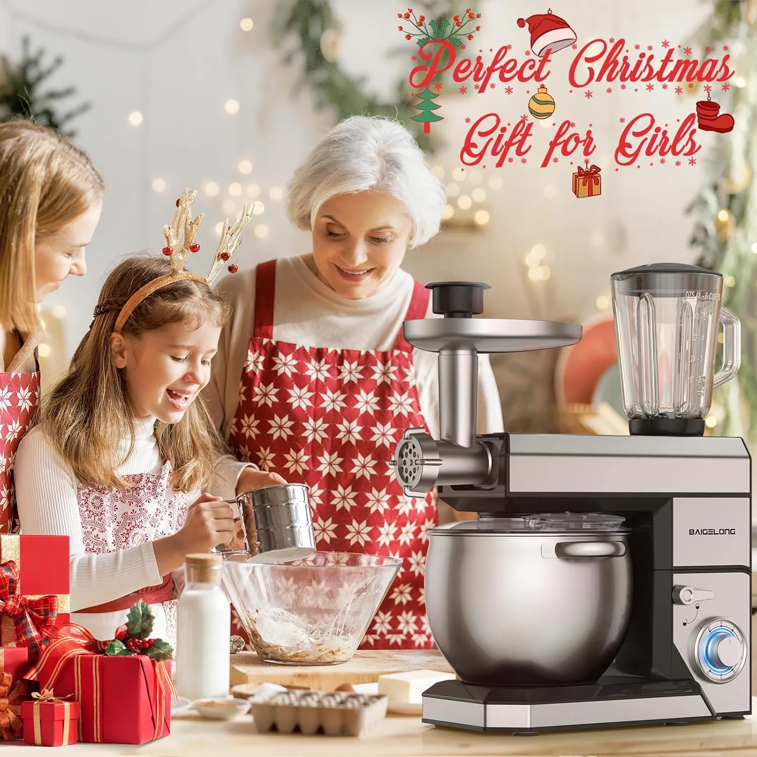 7-IN-1 Stand Mixer, 8.5Qt Food Mixer, 6 P Speeds Electric Mixer Kitchen Mixer with Dough Hook, Whisk, Beater, Meat Grinder, Blender, Splash Guard 9 Accessories for Most Home Cooks, Silver