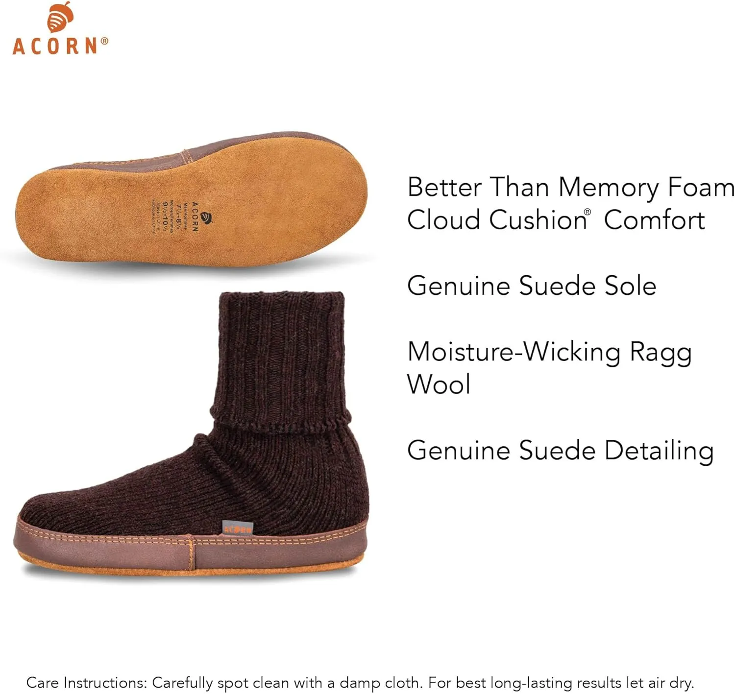 Acorn Mens and Womens Original Slipper Socks - Cloud Cushion, Ragg Wool, Moisture-Wicking, Suede Sole