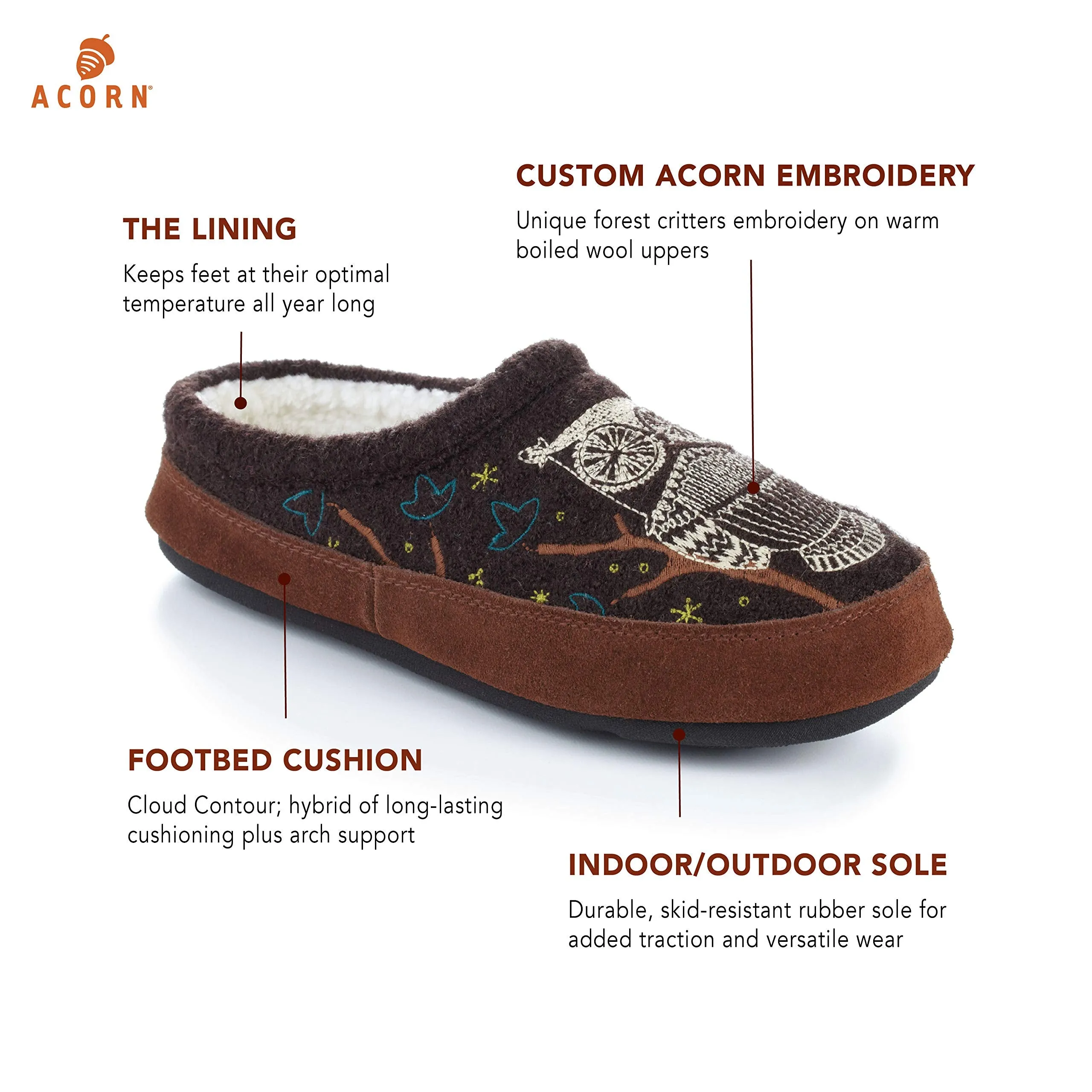 Acorn Women's Slipper with Berber Lining, Suede Siding and Durable Non-Slip Indoor/Outdoor Sole, Chocolate, 5-6