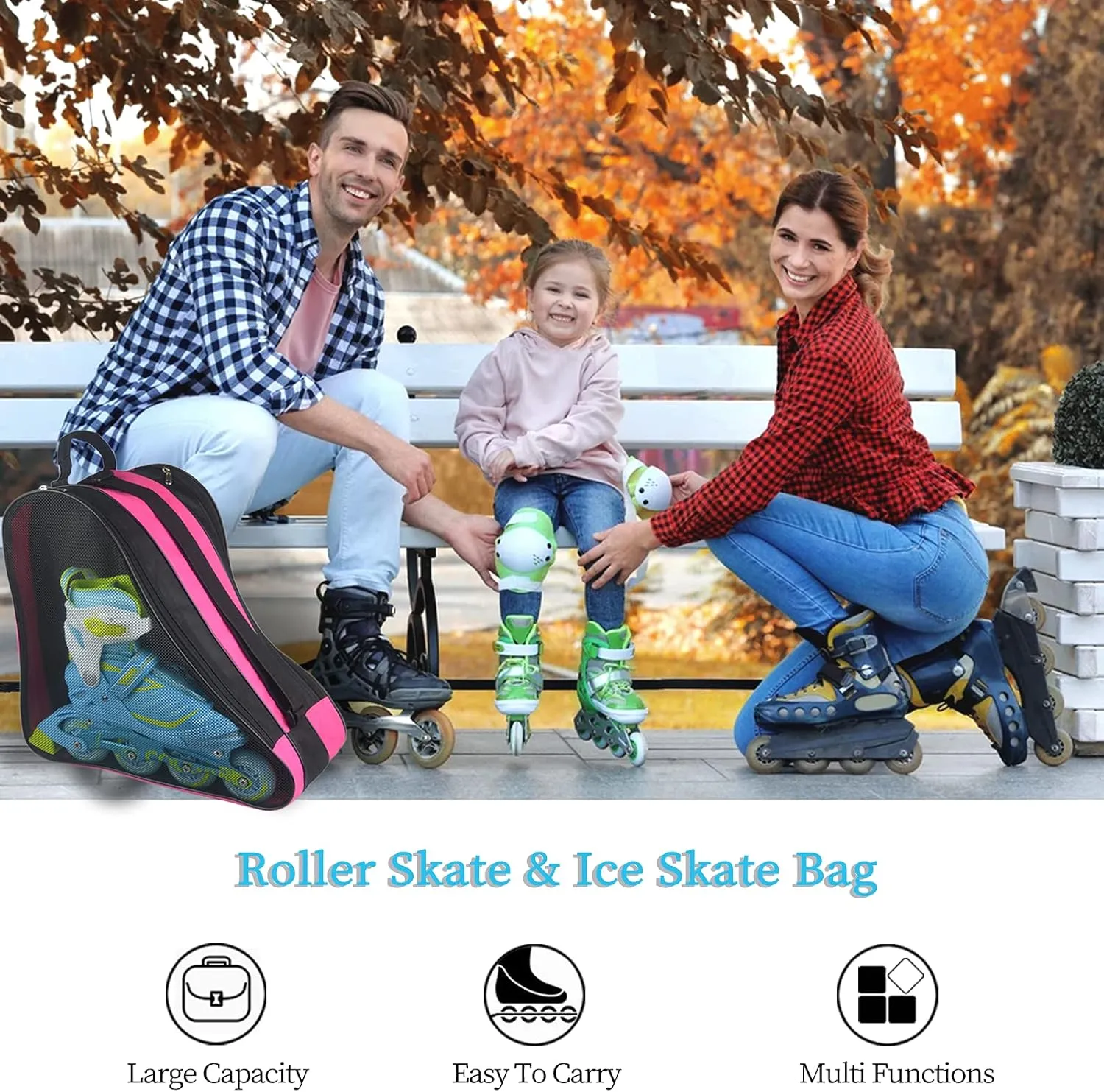 Adjustable Shoulder Strap Skate Bag - Large Capacity, Breathable, Fits Quad, Inline, Ice & Roller Skates and Accessories