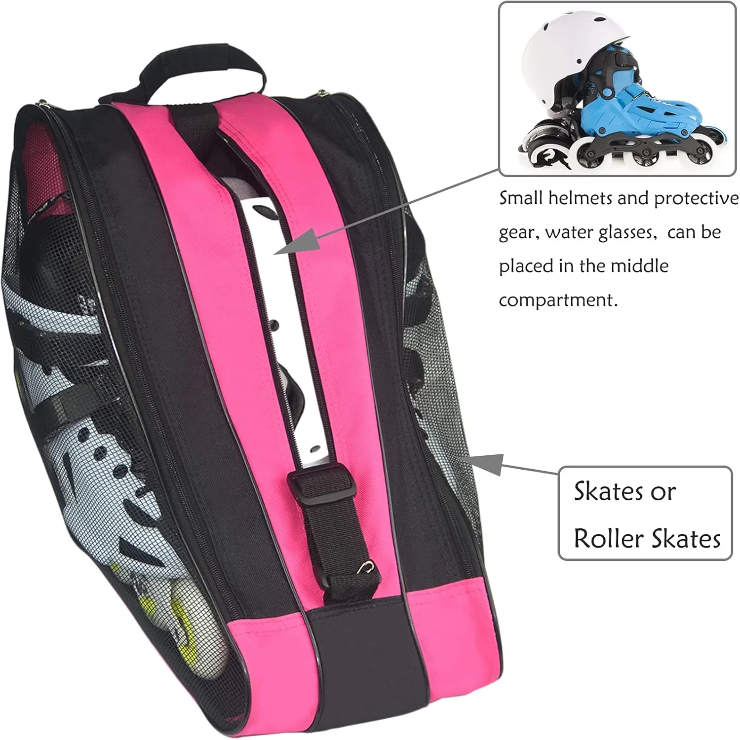 Adjustable Shoulder Strap Skate Bag - Large Capacity, Breathable, Fits Quad, Inline, Ice & Roller Skates and Accessories