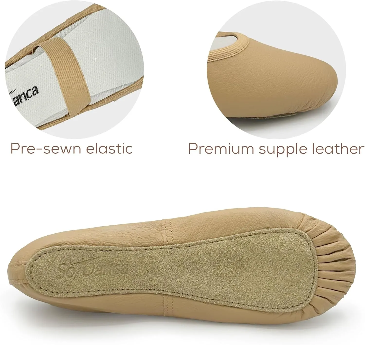 Adult Leather Ballet Shoes, Elastic Casing, Full Sole Slipper, Brittany - SD69L