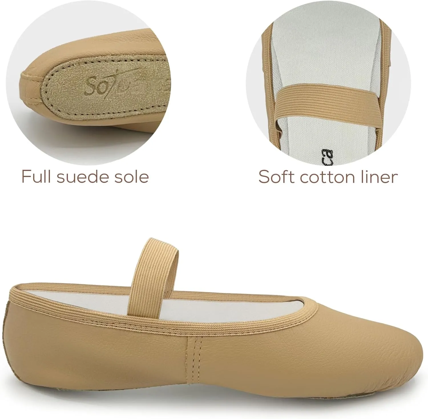 Adult Leather Ballet Shoes, Elastic Casing, Full Sole Slipper, Brittany - SD69L
