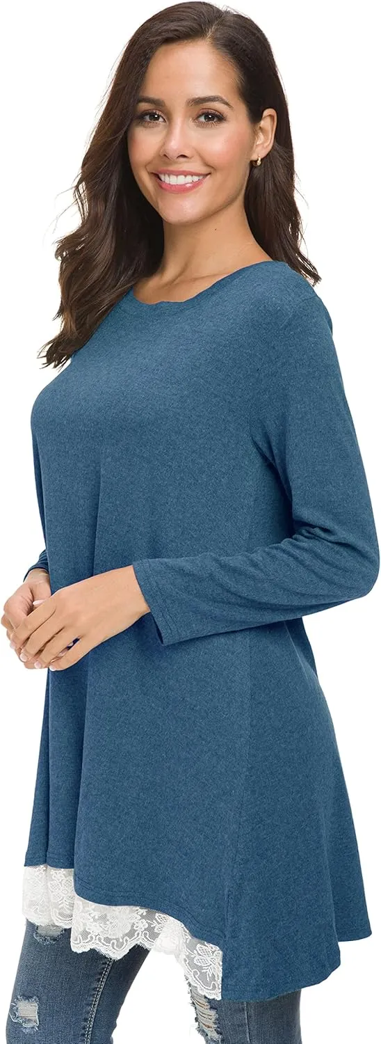 Afibi Women Lace Long Sleeve A-line Swing T-Shirt Loose Tunic Top Blouse