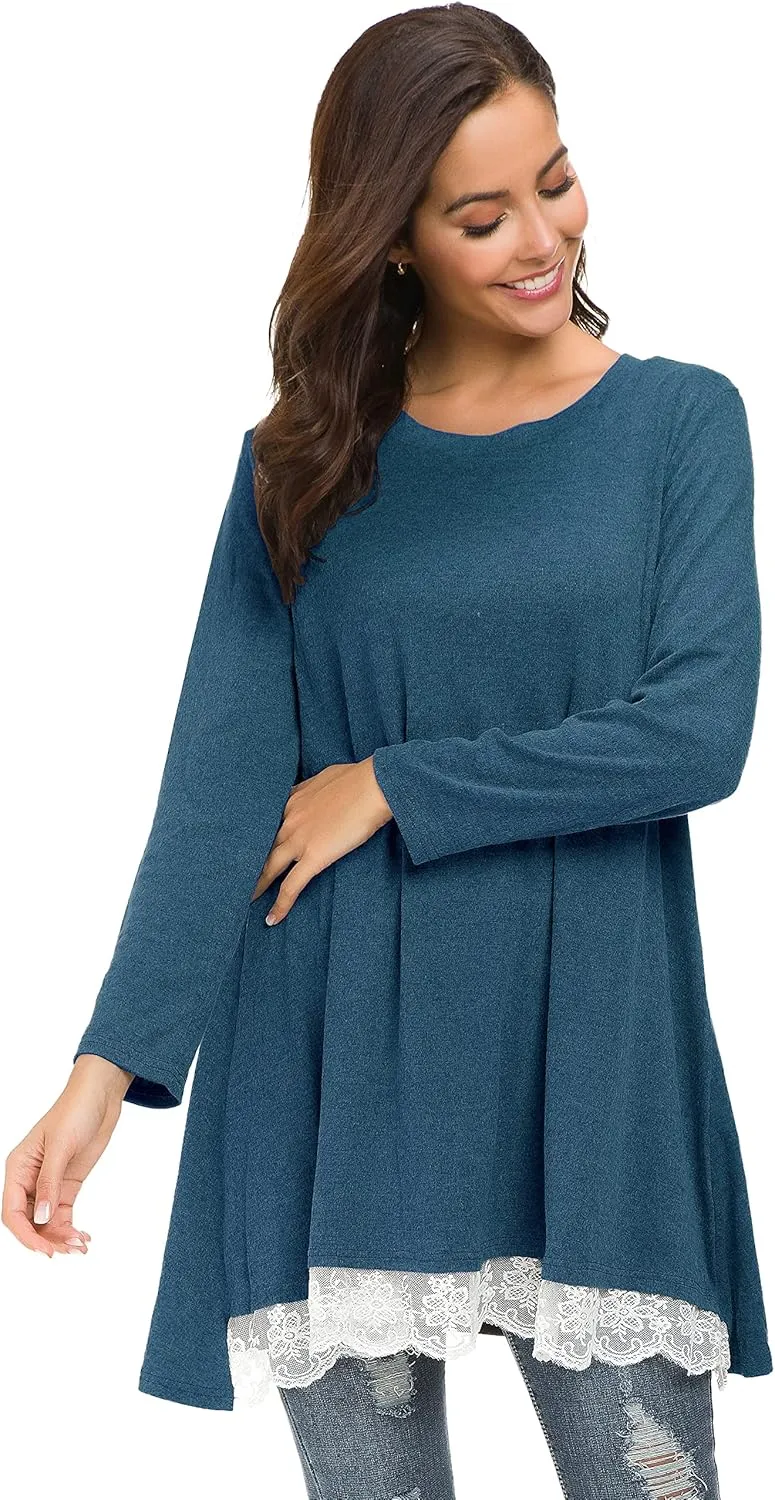 Afibi Women Lace Long Sleeve A-line Swing T-Shirt Loose Tunic Top Blouse
