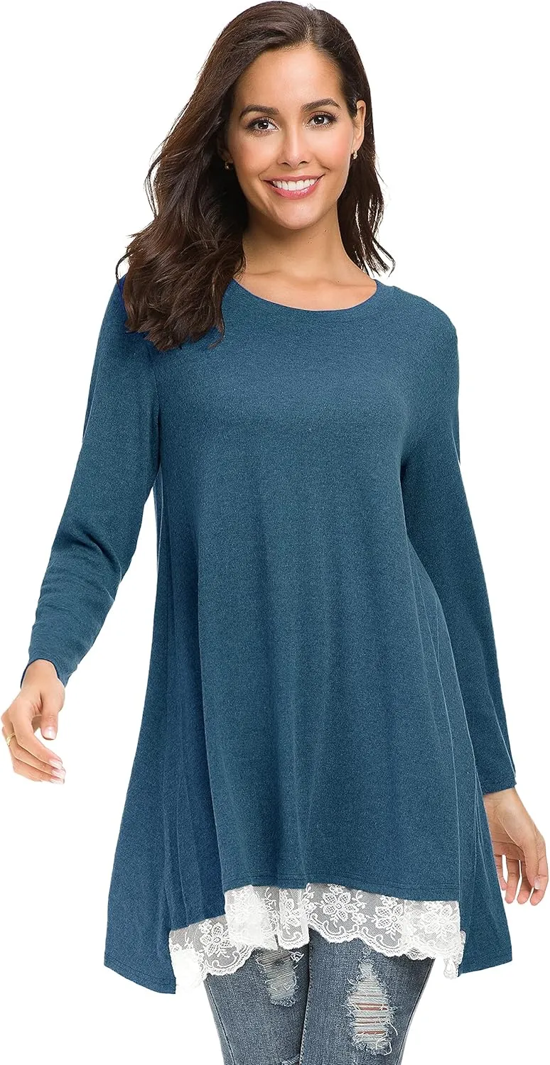 Afibi Women Lace Long Sleeve A-line Swing T-Shirt Loose Tunic Top Blouse