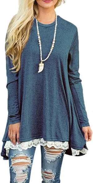 Afibi Women Lace Long Sleeve A-line Swing T-Shirt Loose Tunic Top Blouse
