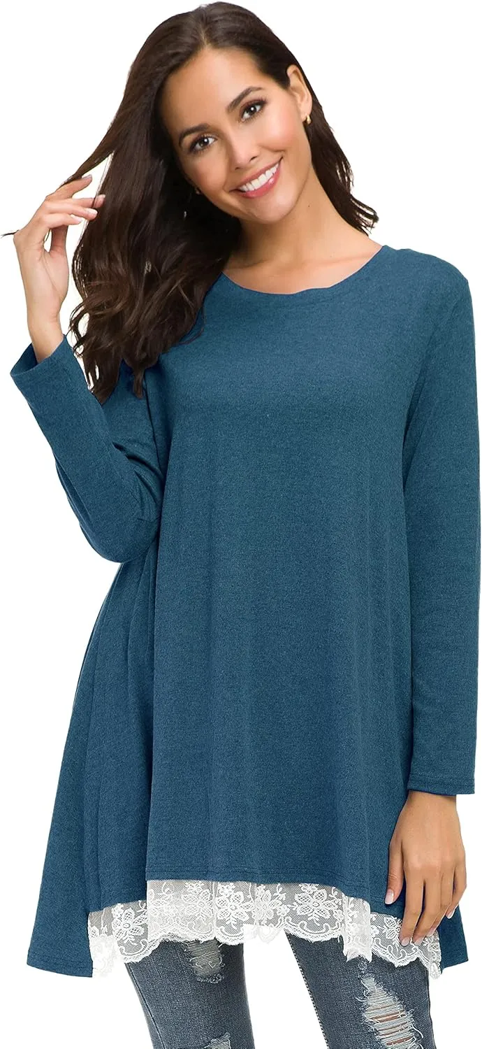 Afibi Women Lace Long Sleeve A-line Swing T-Shirt Loose Tunic Top Blouse