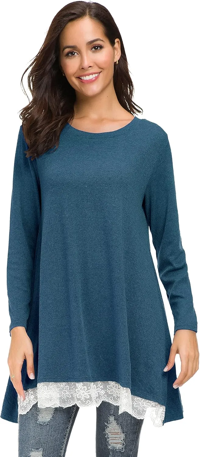 Afibi Women Lace Long Sleeve A-line Swing T-Shirt Loose Tunic Top Blouse