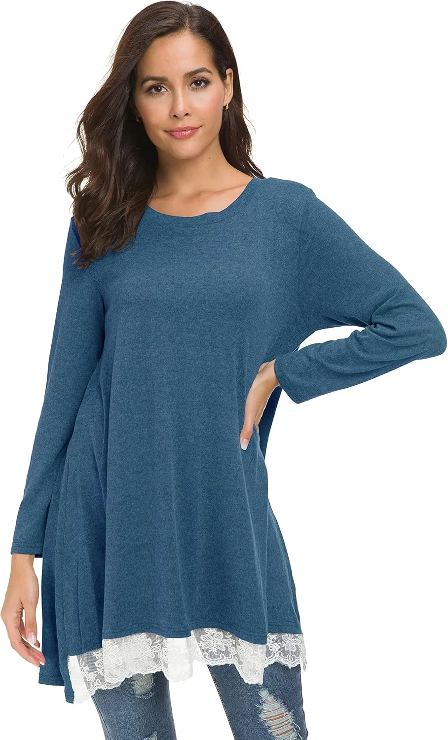 Afibi Women Lace Long Sleeve A-line Swing T-Shirt Loose Tunic Top Blouse