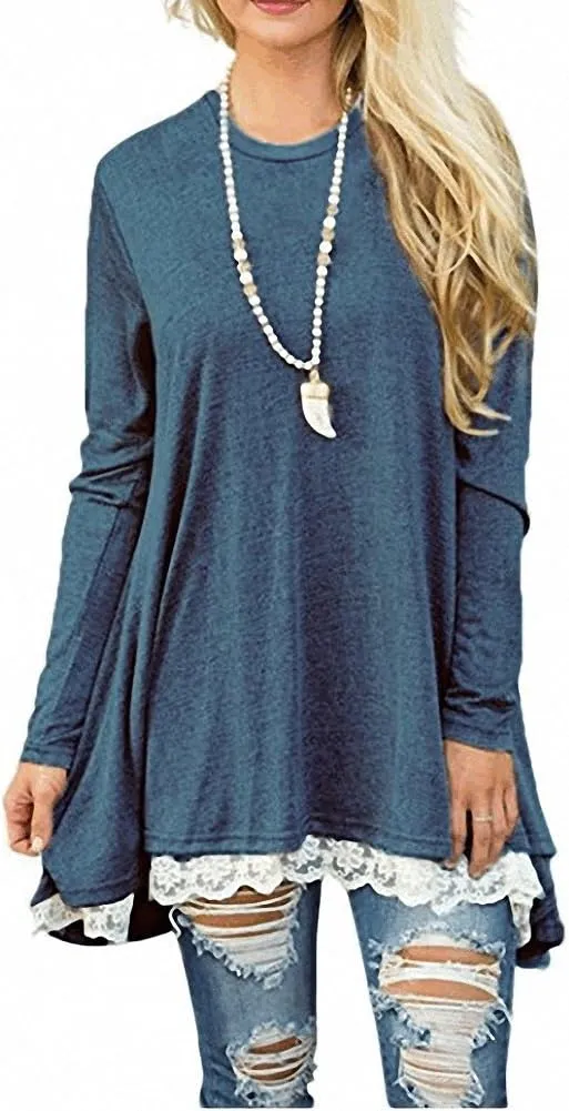 Afibi Women Lace Long Sleeve A-line Swing T-Shirt Loose Tunic Top Blouse