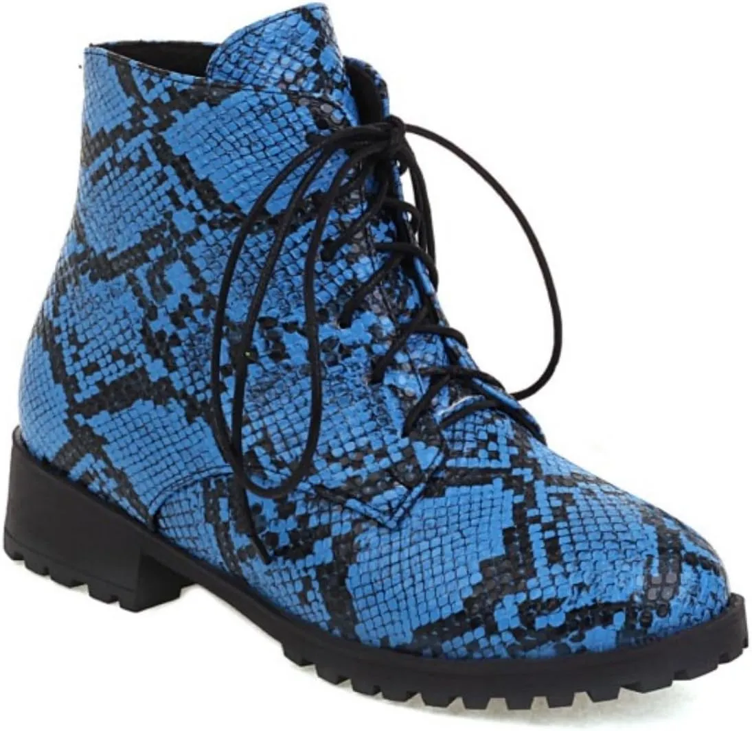 Aflngle Women's Block Snakeskin Printed Flat Ankle Boots Round Closed Toe Lace Up Low Chunky Heel Slip on Chelsea Short Boots