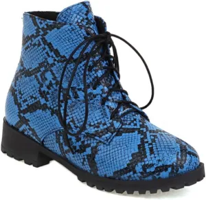Aflngle Women's Block Snakeskin Printed Flat Ankle Boots Round Closed Toe Lace Up Low Chunky Heel Slip on Chelsea Short Boots