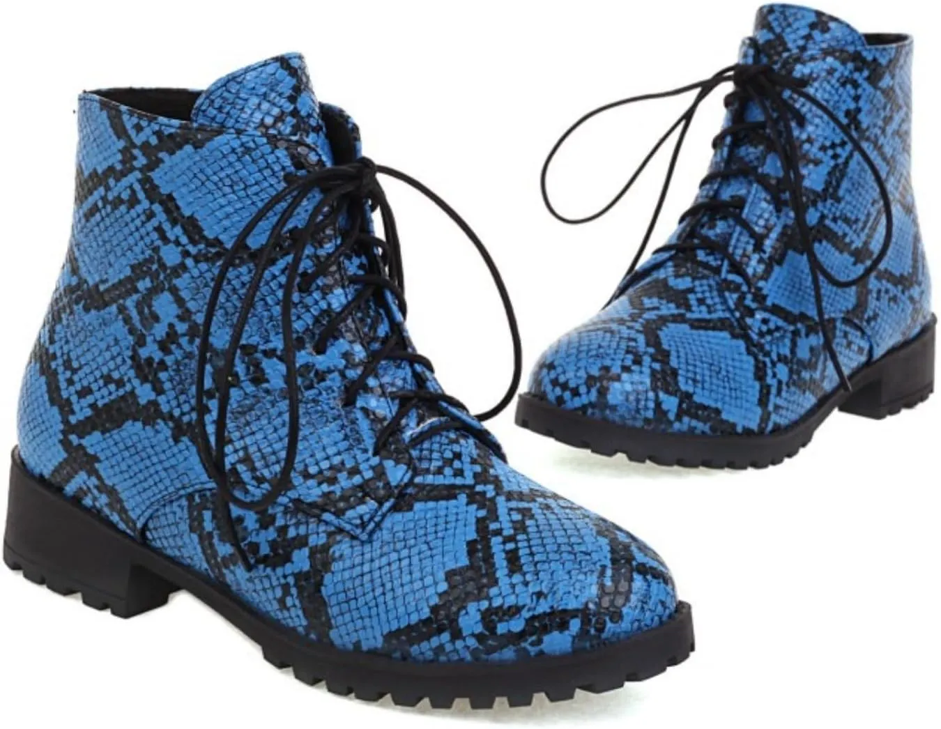 Aflngle Women's Block Snakeskin Printed Flat Ankle Boots Round Closed Toe Lace Up Low Chunky Heel Slip on Chelsea Short Boots
