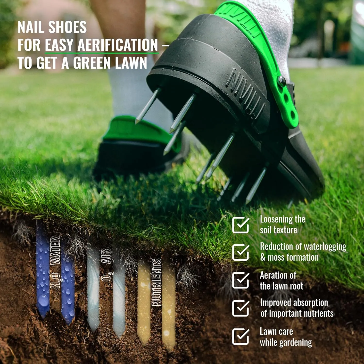 AIR - Nail Spike Shoe Clog for Easy Aerification and de-Aeration of The Lawn. (Big 9/12 US) Green
