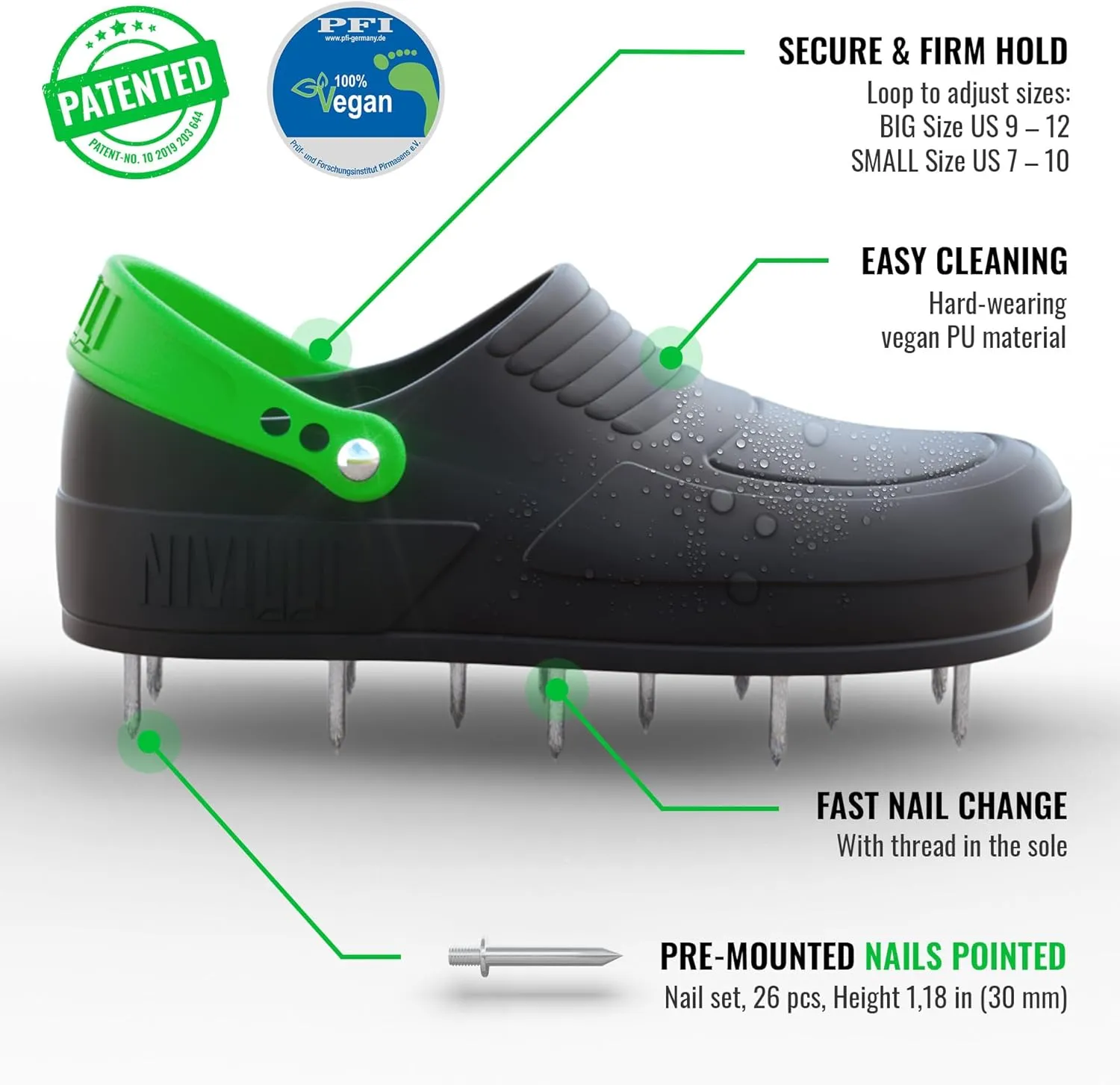AIR - Nail Spike Shoe Clog for Easy Aerification and de-Aeration of The Lawn. (Big 9/12 US) Green