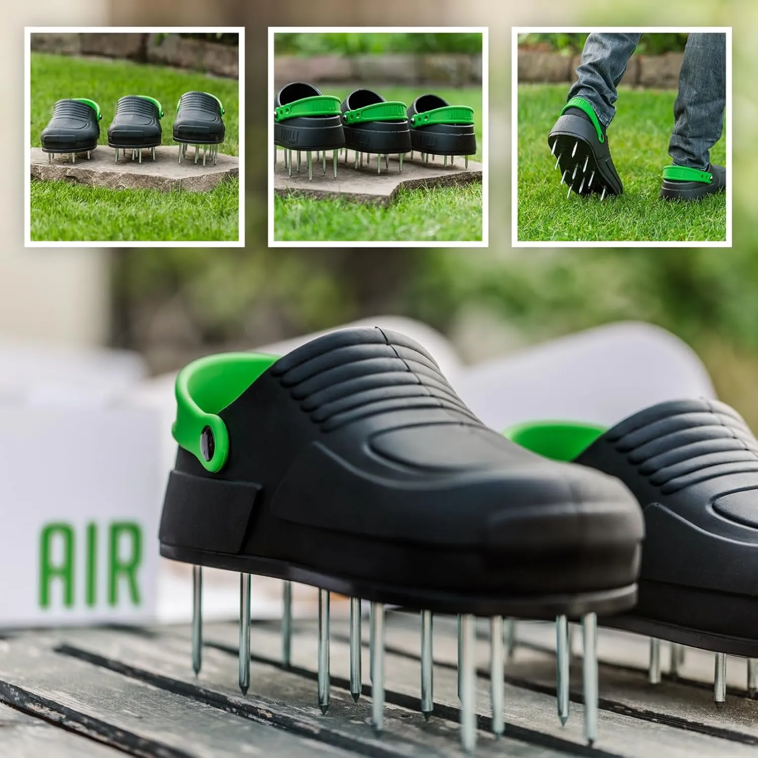 AIR - Nail Spike Shoe Clog for Easy Aerification and de-Aeration of The Lawn. (Big 9/12 US) Green