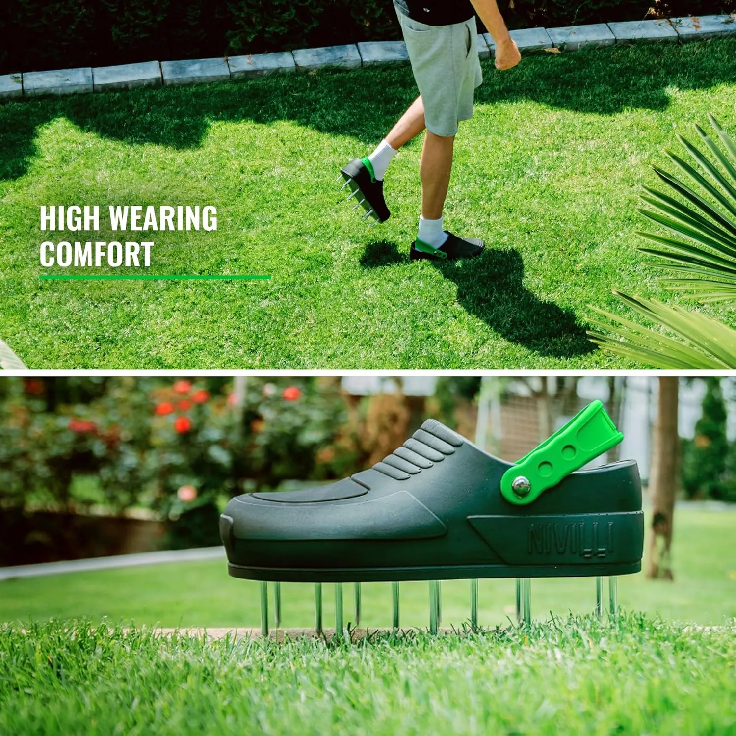 AIR - Nail Spike Shoe Clog for Easy Aerification and de-Aeration of The Lawn. (Big 9/12 US) Green
