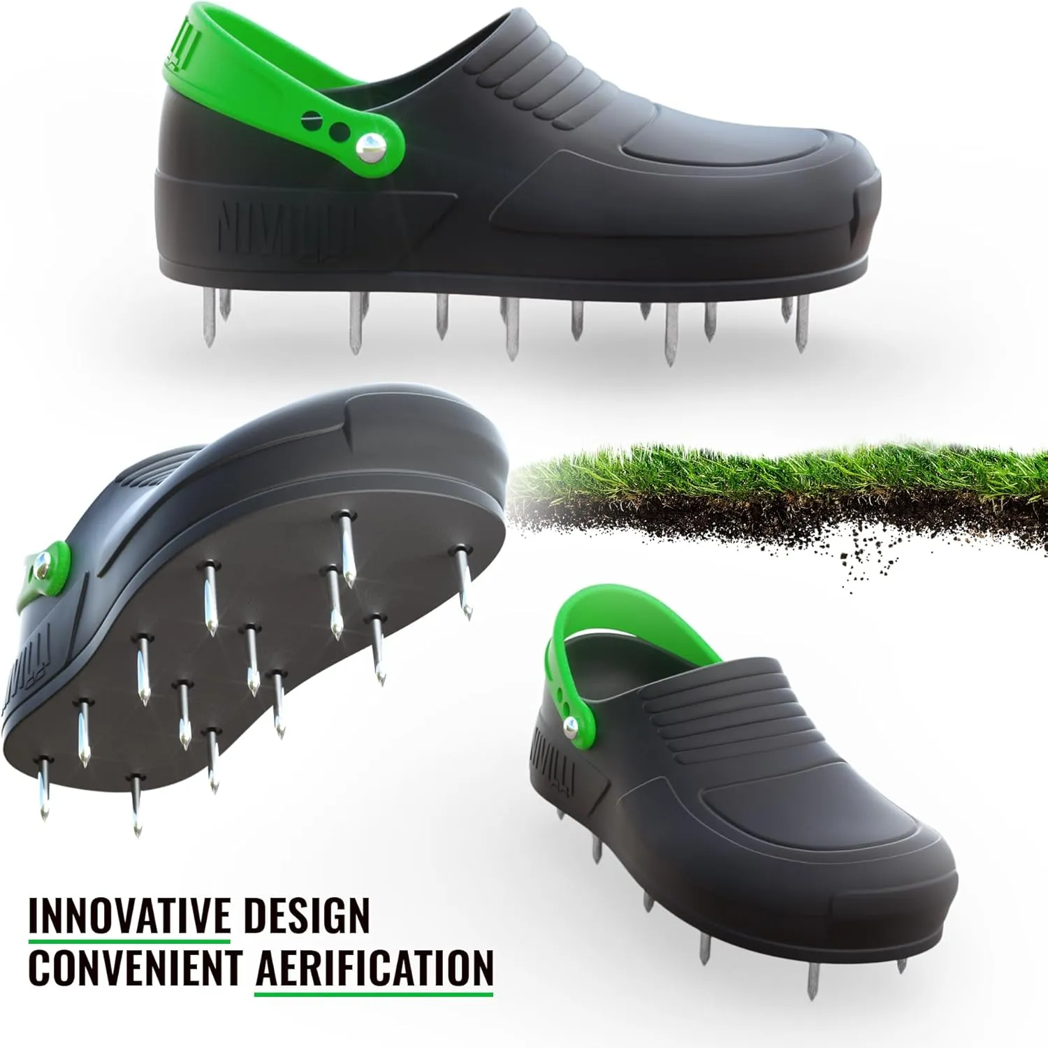 AIR - Nail Spike Shoe Clog for Easy Aerification and de-Aeration of The Lawn. (Big 9/12 US) Green