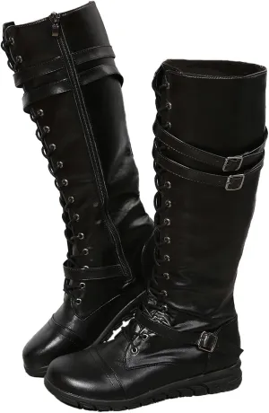 AngryMonkey Womens Knee High Lace Up leather Mid Calf Boot Side Zipper Personality Buckle Belt Platform Anti-Slip Quilted Rider High Boot