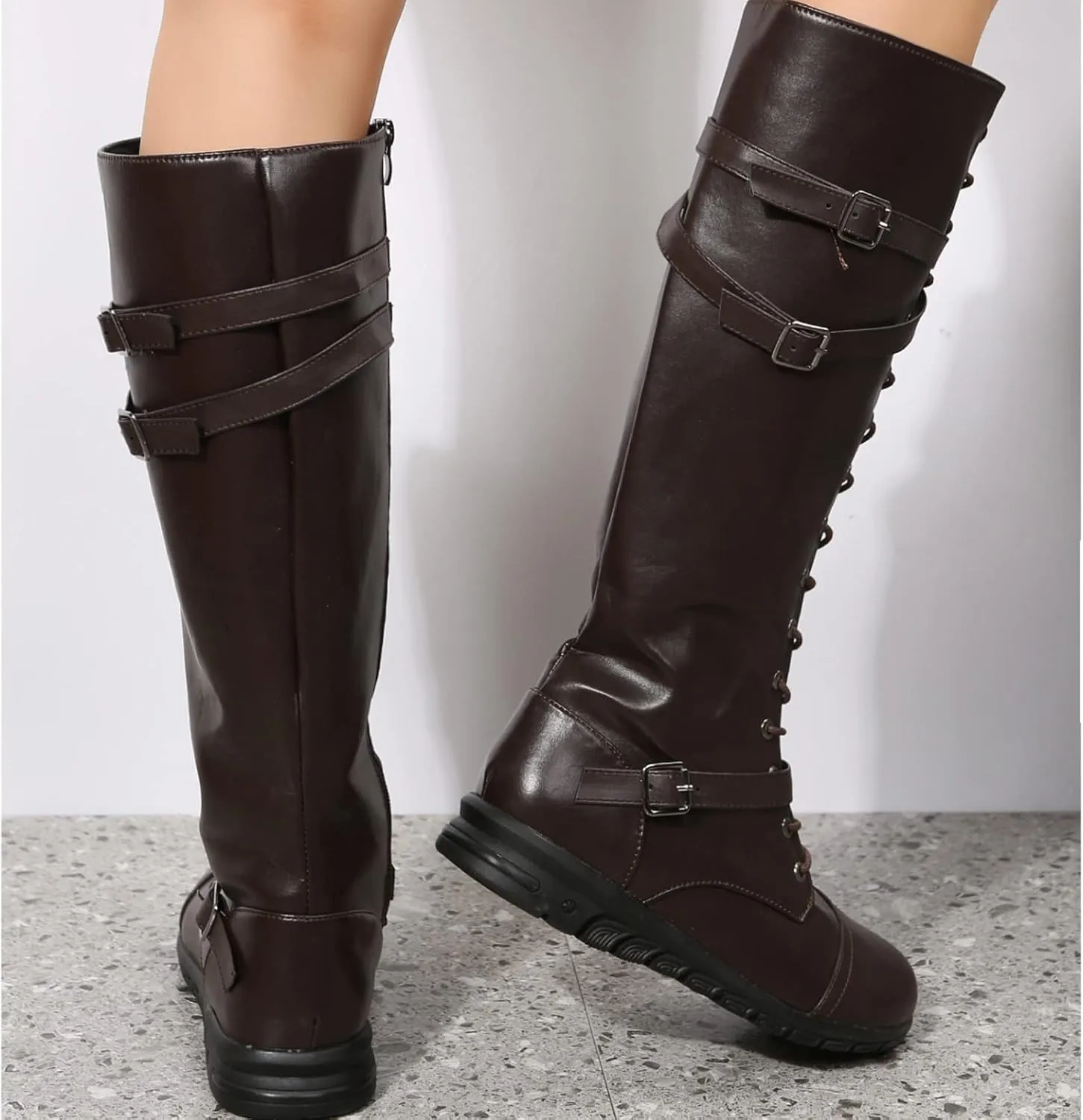 AngryMonkey Womens Knee High Lace Up leather Mid Calf Boot Side Zipper Personality Buckle Belt Platform Anti-Slip Quilted Rider High Boot